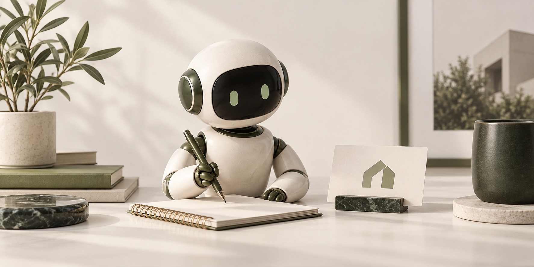 Pequeño robot asistente de escritorio con una libreta