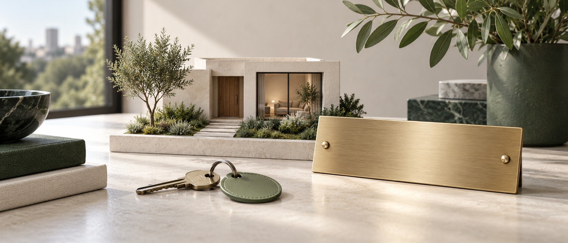 Ilustración de una vivienda, una placa personal y una llave